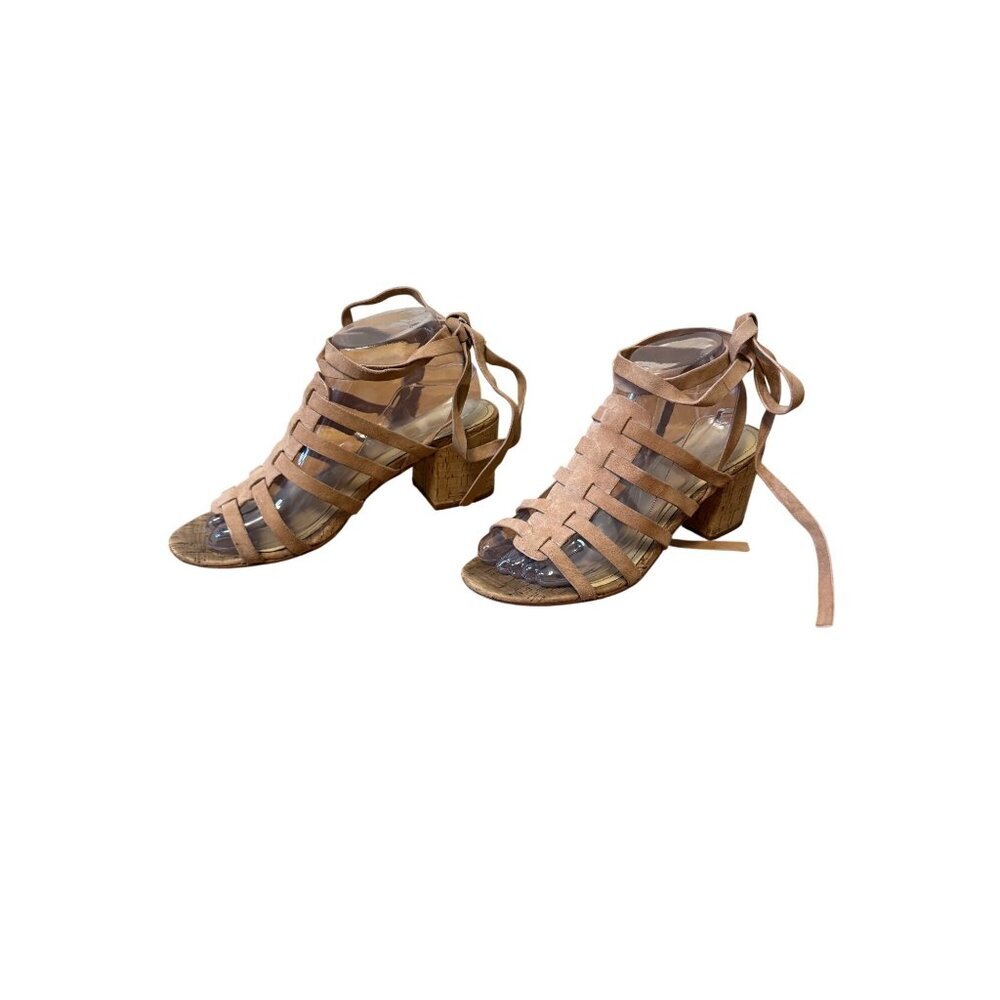 Marc Fisher Phoebe Suede Lace Up Cork Heel Gladiator Sandals Sz 8.5m Nude Tan